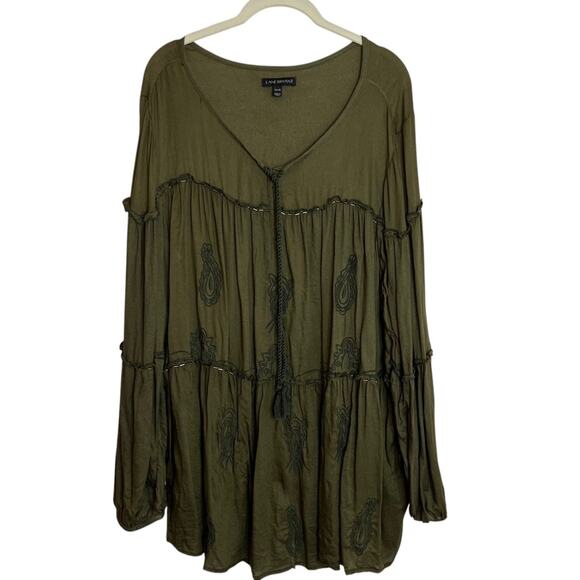 Lane Bryant Womens Tunic Top 26/28 Olive Green Embroidered Boho Peasant Rayon - Picture 1 of 6